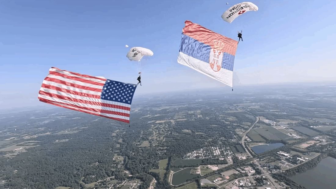 Flag jump over the countryside
