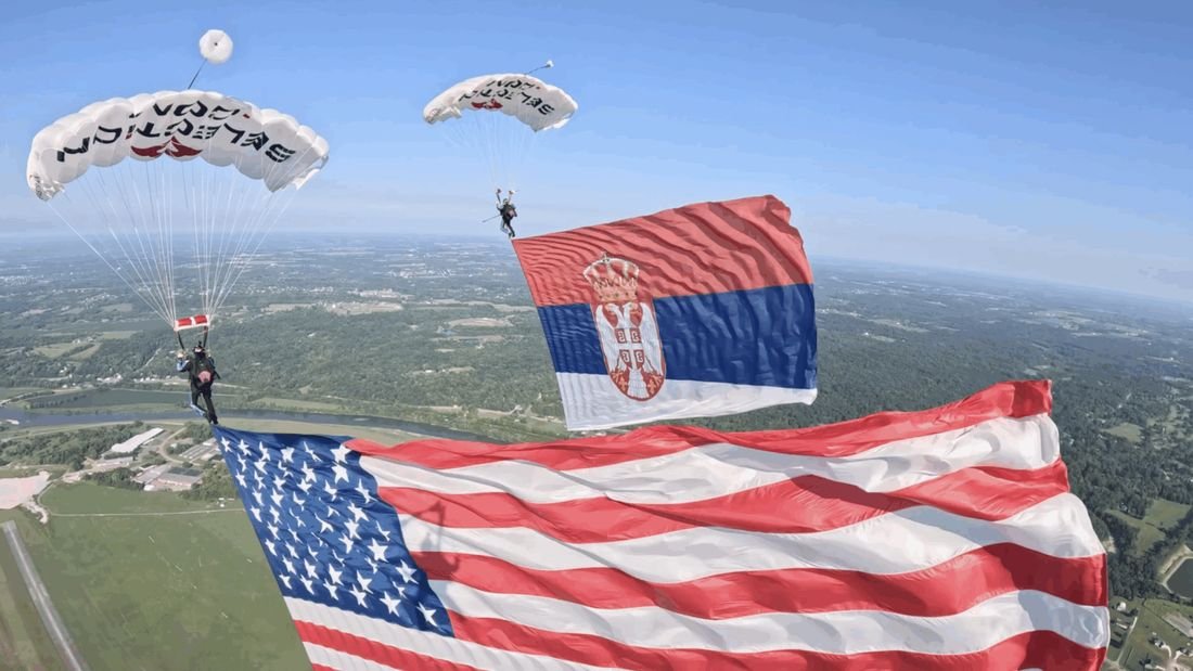 Close view of the flags in flight